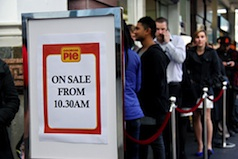 It's back - the queue outside the Queen Street, Auckland, McDonald's waiting for the first Georgie Pies to go on sale. It's back - the queue outside the Queen Street, Auckland, McDonald's waiting for the first Georgie Pies to go on sale.